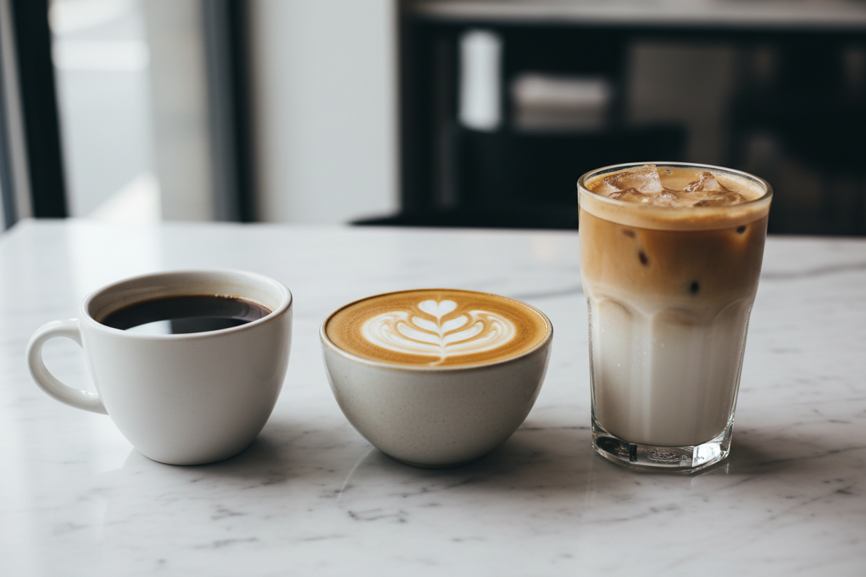 make an image of three coffee cups. the first one with black coffee. the second one with a latte and the third one with an iced cappiccino 